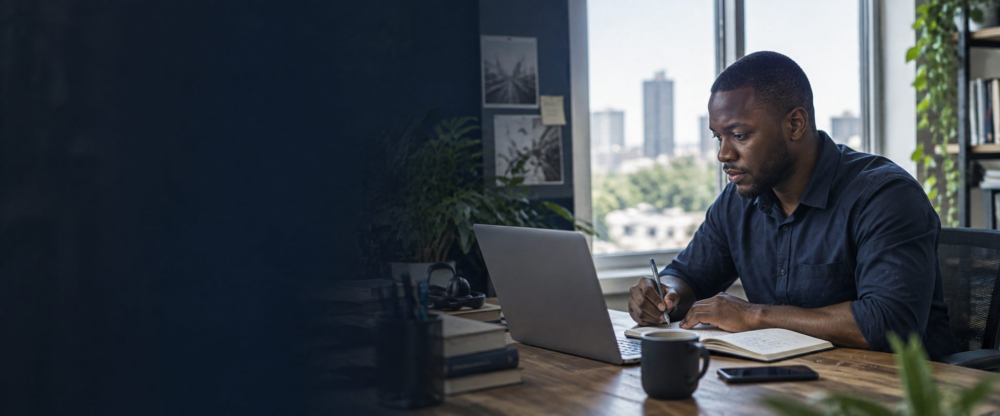 A consultant reviewing notes at a desk in a real workplace, city view through the window behind him.