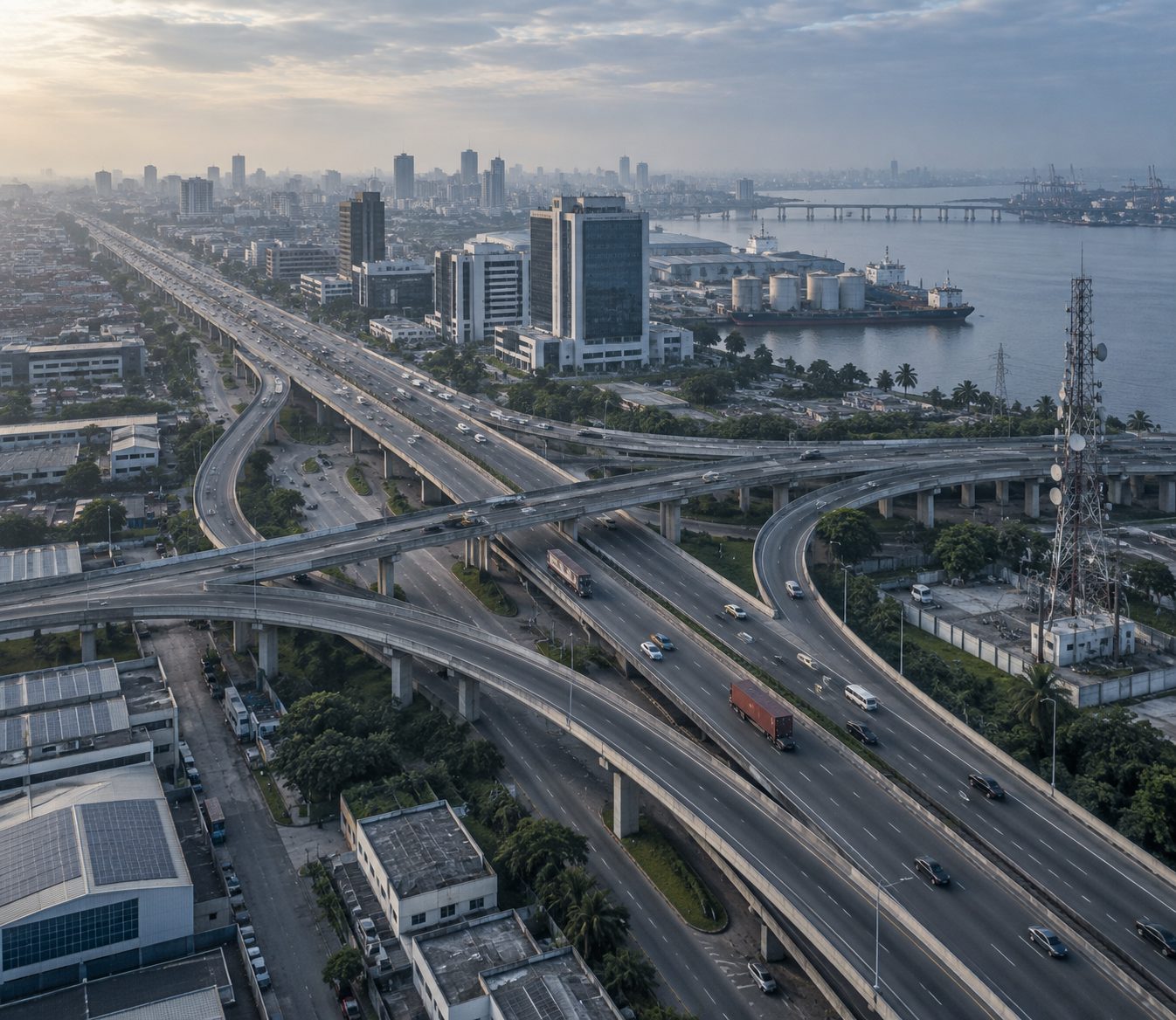 Aerial view of an elevated highway interchange running toward a coastal city skyline and port.